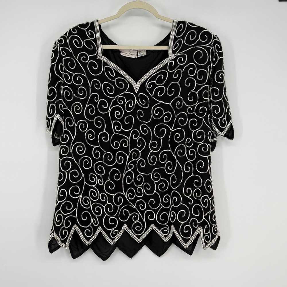 Laurence Kazar New York Vintage‎ Beaded Silk Top Black White Faux Pearl 1X